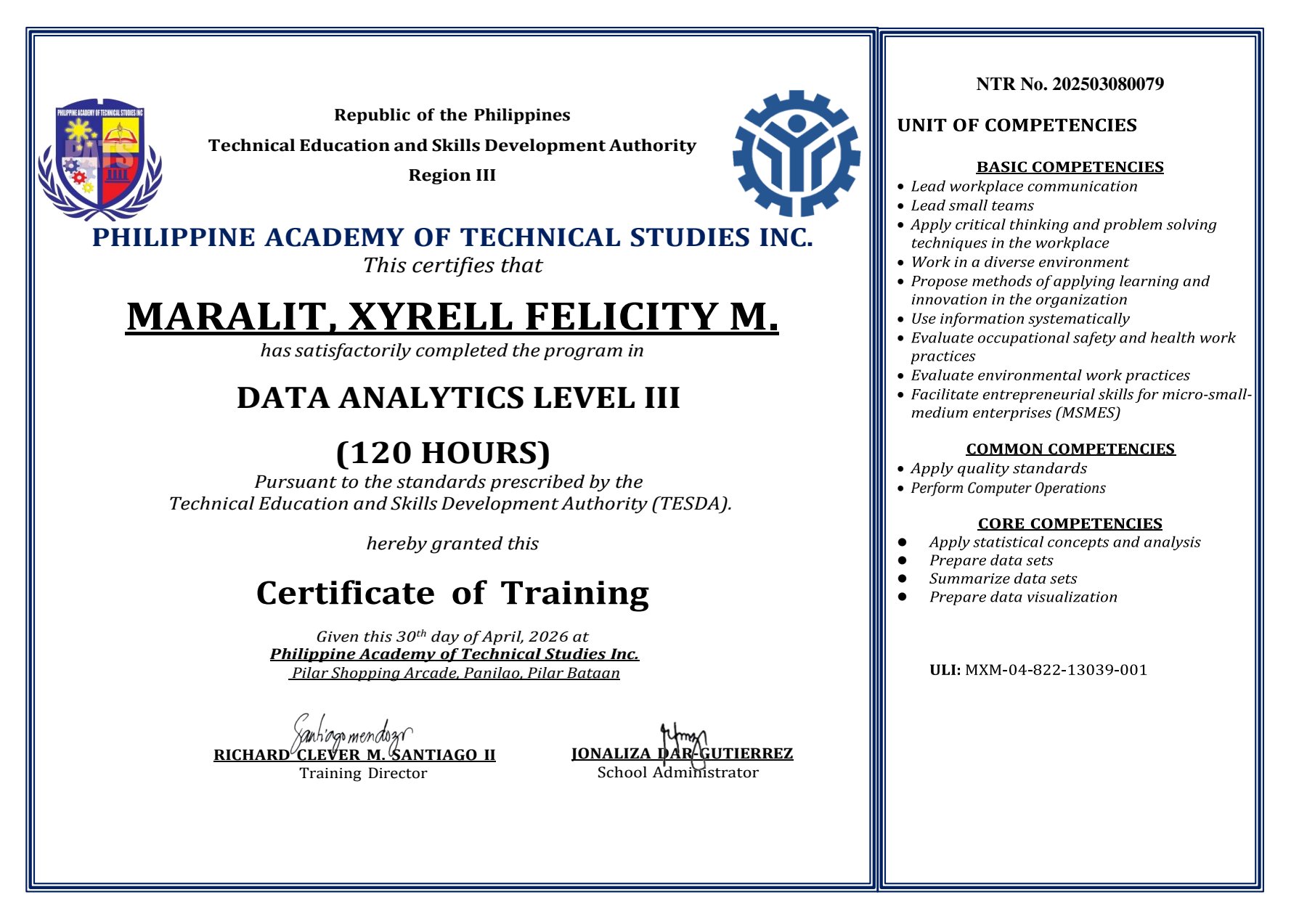 COT-DATA Batch 1 Certificate